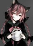  1girl animal_ear_fluff animal_ears black_bow black_dress bow bowtie braid cat_ears closed_mouth commentary dress eyebrows_behind_hair grey_background hair_between_eyes hair_bow hasunokaeru holding holding_skull kaenbyou_rin long_hair long_sleeves looking_at_viewer nekomata red_bow red_bowtie red_eyes redhead simple_background skull smile solo touhou tsurime twin_braids upper_body 