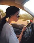  1girl black_eyes car day driving earrings ground_vehicle highres jewelry lips long_hair motor_vehicle parted_lips ponytail profile sam_yang sunglasses tattoo 