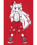  1girl :/ bangs blush boots bow closed_mouth collared_shirt eyebrows_behind_hair fujiwara_no_mokou full_body hair_bow hand_in_pocket hand_on_own_neck hand_up long_hair looking_at_viewer monochrome ofuda ofuda_on_clothes pants red_eyes shirt solo standing swept_bangs symbol-only_commentary touhou you_taira 
