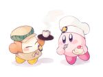  apron cake cake_slice cf217 chef_hat closed_eyes cup food fork hat holding holding_cake holding_food holding_fork holding_plate kirby kirby_(series) no_humans plate simple_background star_(symbol) steam utensil_in_mouth waddle_dee white_background 