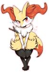  1girl animal_ear_fluff animal_ears animal_feet animal_nose between_legs blush body_fur braixen commentary_request flat_chest flying_sweatdrops fox_ears fox_girl fox_tail full_body fur_collar furry furry_female hand_between_legs heart highres legs_together looking_at_viewer navel negoya nervous open_mouth outline own_hands_together pink_outline pokemon pokemon_(creature) red_eyes red_fur simple_background sitting snout solo stick tail v_arms white_background white_fur yellow_fur 
