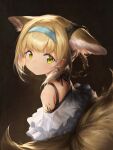  1girl animal_ears arknights bangs bare_shoulders blonde_hair blush closed_mouth earpiece ears_down fox_ears fox_girl fox_tail green_eyes hairband highres jell_(jell_y_fish) multiple_tails off_shoulder oripathy_lesion_(arknights) solo suzuran_(arknights) symbol-only_commentary tail 
