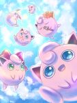  blue_eyes closed_eyes clouds cloudy_sky curly_hair flower_on_head flying green_eyes hair_ribbon igglybuff jigglypuff looking_at_viewer microphone open_mouth pokemon pokemon_(creature) pon_tanu_pon red_eyes sun wigglytuff 