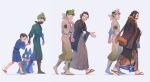  2boys absurdres age_progression beni_(pokemon) boots brown_footwear brown_hair commentary_request facial_hair from_side green_hair green_jacket green_pants grey_hakama hakama hakama_skirt highres jacket jacket_on_shoulders japanese_clothes kamado_(pokemon) knees male_focus mask meipu_hm mouth_mask multiple_boys munchlax mustache open_mouth pants pokemon pokemon_(creature) pokemon_(game) pokemon_legends:_arceus sandals short_hair skirt standing tabi teeth wave_print younger 