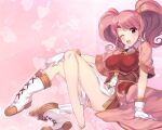  1girl ;d armor awayuki_ramika barefoot blush boots breastplate capelet fire_emblem fire_emblem_echoes:_shadows_of_valentia gloves long_hair mae_(fire_emblem) one_eye_closed open_mouth pink_background pink_capelet pink_hair red_eyes shiny shiny_hair sitting smile solo twintails white_footwear white_gloves 