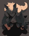  1boy animal_ears bakugou_katsuki bandaged_arm bandages blonde_hair boku_no_hero_academia chain chained_wrists fur_collar green_jacket jacket male_focus mkm_(mkm_storage) monochrome red_eyes scowl signature solo spiky_hair squatting tail wolf_ears wolf_tail 