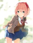  1girl absurdres arm_behind_back blazer blue_skirt bow breasts brown_jacket doki_doki_literature_club hair_bow hand_on_arm highres jacket looking_at_viewer medium_breasts n_wa_wo open_clothes open_jacket pink_hair red_bow sayori_(doki_doki_literature_club) school_uniform short_hair skirt solo 