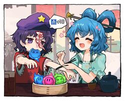  2girls blue_dress blue_hair blush collared_vest dress eyebrows_visible_through_hair fingernails frills hair_ornament hair_rings hair_stick hat hat_ornament highres howhow_notei jiangshi kaku_seiga medium_hair miyako_yoshika multiple_girls ofuda open_mouth outstretched_arms puffy_short_sleeves puffy_sleeves purple_hair shawl short_hair short_sleeves smile star_(symbol) star_hat_ornament touhou vest violet_eyes zombie_pose 