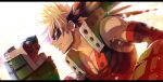  bakugou_katsuki blonde_hair boku_no_hero_academia clenched_hand gloves glowing green_gloves highres lens_flare light_brown_hair looking_ahead mask mkm_(mkm_storage) red_eyes signature sparkle spiky_hair 