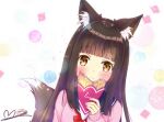  1girl alternate_costume animal_ears azur_lane bangs black_hair blunt_bangs blush brown_eyes commentary_request contemporary crepe eyebrows_visible_through_hair food fox_ears fox_girl fox_tail holding holding_food long_hair long_sleeves looking_at_viewer m_ko_(maxft2) nagato_(azur_lane) school_uniform serafuku sidelocks signature simple_background smile solo tail 