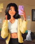  1girl biting black_hair cat collarbone hands_up highres holding holding_phone indoors jewelry lip_biting lips long_hair long_sleeves looking_at_phone midriff navel necklace phone sam_yang teeth 