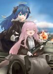  2girls arknights bangs blue_eyes blue_hair blue_sky closed_eyes clouds coat day detached_wings dress energy_wings explosion gun halo highres horns lemuen_(arknights) long_hair long_skirt mostima_(arknights) multiple_girls open_mouth purple_hair rifle runamonet skirt sky smile sniper_rifle weapon wheelchair wings 