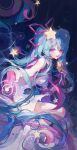  1girl absurdres blue_hair blush dress hatsune_miku highres long_hair looking_at_viewer looking_to_the_side maccha_(mochancc) magical_mirai_(vocaloid) meteor_(vocaloid) night night_sky sky smile star_(sky) star_(symbol) starry_sky twintails very_long_hair violet_eyes vocaloid wand 