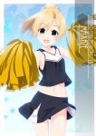  1girl alternate_costume artist_name bangs black_shirt black_skirt blonde_hair character_name cheering cheerleader commentary_request cowboy_shot crop_top grey_eyes highres holding holding_pom_poms inaba_shiki kantai_collection long_hair looking_at_viewer maikaze_(kancolle) midriff one-hour_drawing_challenge parted_bangs pleated_skirt pom_pom_(cheerleading) ponytail shirt skirt sleeveless sleeveless_shirt smile solo 