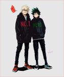  2boys bakugou_katsuki blonde_hair boku_no_hero_academia english_text freckles green_eyes green_footwear green_hair grey_background hands_in_pockets highres hood hoodie looking_at_viewer male_focus midoriya_izuku mkm_(mkm_storage) multiple_boys orange_footwear pullover red_eyes scowl shirt shoes signature simple_background sneakers speech_bubble spiky_hair white_shirt 