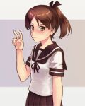  1girl brown_eyes brown_hair brown_sailor_collar brown_skirt commentary_request dress embarrassed kantai_collection looking_at_viewer makun_dx pleated_dress ponytail sailor_collar school_uniform serafuku shikinami_(kancolle) short_hair skirt solo v 