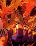  1boy absurdres blood blood_on_face blue_bodysuit bodysuit boku_no_hero_academia clenched_hand endeavor_(boku_no_hero_academia) fiery_hair fighting_stance fire glowing glowing_eye highres looking_at_viewer male_focus obariln serious short_hair solo upper_body 