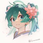  1girl :3 aqua_eyes aqua_hair bangs face flower hair_flower hair_ornament hatsune_miku highres hua_ben_wuming japanese_clothes kimono lily_(flower) petals portrait simple_background solo thick_eyelashes tied_hair twintails twitter_username vocaloid white_background 
