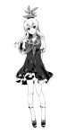  1girl arms_behind_back bobby_socks closed_mouth commentary dress eyebrows_visible_through_hair frilled_dress frills full_body greyscale hat highres kamishirasawa_keine long_hair looking_at_viewer monochrome neckerchief puffy_sleeves renzaoshen shoes smile socks solo standing tokin_hat touhou 