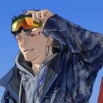  1boy blue_hair close-up cu_chulainn_(fate) cu_chulainn_(fate/stay_night) earrings face fate/grand_order fate/stay_night fate_(series) goggles goggles_on_head holding holding_goggles jewelry male_focus mondi_hl ponytail red_eyes solo spiky_hair twitter_username 