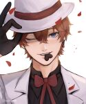  1boy alternate_costume bangs black_gloves black_shirt blue_eyes bow bowtie chocolate earrings english_commentary genshin_impact gloves hair_between_eyes hat heart heart-shaped_pupils highres jacket jewelry looking_at_viewer male_focus mouth_hold nokkusuart one_eye_closed orange_hair petals red_bow red_bowtie shirt simple_background single_earring solo symbol-shaped_pupils tartaglia_(genshin_impact) twitter_username upper_body valentine white_background white_headwear white_jacket 