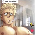  1boy artist_name bare_pectorals blonde_hair boku_no_hero_academia cigarette facial_hair grey_hair heart highres livestream male_focus manly meme muscular muscular_male nipples pectorals scar smoke smoking solo soynutts stubble text_focus topless topless_male twice_(boku_no_hero_academia) 