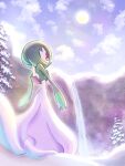  back bob_cut clouds cloudy_sky fir_tree gardevoir green_hair looking_back no_humans pokemon pokemon_(creature) pokemon_(game) pokemon_legends:_arceus pon_tanu_pon red_eyes snow sun tree two-tone_hair 