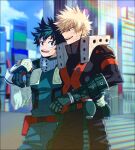  2boys arm_around_shoulder arm_around_waist bakugou_katsuki blonde_hair blurry boku_no_hero_academia clouds depth_of_field explosive freckles gloves green_eyes green_gloves green_hair grenade looking_at_another male_focus mask mask_removed midoriya_izuku mkm_(mkm_storage) multiple_boys open_mouth raised_eyebrows red_eyes signature smile spiky_hair teeth urban white_gloves 