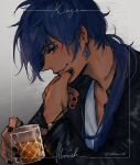  1boy alcohol alternate_costume bangs black_jacket black_nails blue_eyes blue_hair character_name cup dark-skinned_male dark_skin earrings genshin_impact highres holding holding_cup jacket jewelry kaeya_(genshin_impact) long_hair male_focus nail_polish nokkusuart parted_lips profile ring shirt simple_background single_earring solo twitter_username white_shirt 