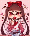  1girl aoaza_83 apron bangs blunt_bangs bowl brown_hair candy chocolate chocolate_bar commentary cookie cupcake food frilled_apron frills hair_ribbon happy_valentine heart highres holding holding_bowl holding_food inkling long_hair long_sleeves looking_at_viewer macaron mixing_bowl neck_ribbon pie pink_sweater pointy_ears red_eyes red_ribbon ribbon solo splatoon_(series) standing sweater tentacle_hair translated valentine whisk white_apron 