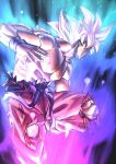  1boy abs absurdres aura dougi dragon_ball dragon_ball_super fighting_stance foot_out_of_frame from_side glowing glowing_hair highres large_pectorals looking_away male_focus obariln pectorals short_hair solo son_goku spiky_hair topless_male torn_clothes ultra_instinct 