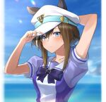  1girl adjusting_clothes adjusting_headwear animal_ears arms_up bangs blue_eyes blurry blurry_background bow bowtie breasts brown_hair character_request closed_mouth clouds hat_belt horizon horse_ears kuro_imu lens_flare long_hair medium_breasts puffy_short_sleeves puffy_sleeves purple_bow purple_bowtie purple_shirt sailor_collar shirt short_sleeves solo umamusume upper_body 