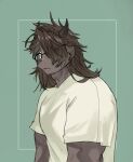  animal_ears catoblepas_(housamo) dark-skinned_male dark_skin furry furry_male gao_(gao_53937056) glasses green_background green_eyes highres horns long_hair looking_at_viewer male_focus messy_hair muscular muscular_male shirt tokyo_afterschool_summoners white_shirt 