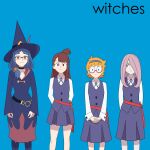  4girls arms_behind_back bangs blue_dress blue_hair blue_skirt blunt_bangs brown_hair diooksan dress hat highres kagari_atsuko little_witch_academia long_hair looking_at_viewer lotte_jansson md5_mismatch multiple_girls orange_hair own_hands_together purple_hair school_uniform short_hair side_ponytail skirt sucy_manbavaran ursula_charistes weezer_(band) witch_hat 