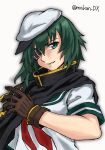  1girl brown_gloves cape commentary_request eyepatch gloves green_eyes green_hair green_sailor_collar hat kantai_collection kiso_(kancolle) kiso_kai_ni_(kancolle) looking_at_viewer makun_dx neckerchief one-hour_drawing_challenge parted_lips red_neckerchief sailor_collar sailor_hat school_uniform serafuku short_hair simple_background solo twitter_username upper_body white_background white_headwear 