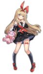  1girl balusah bangs black_legwear blonde_hair blue_eyes bow hairband long_hair mahjong_soul mikami_chiori official_art red_bow red_footwear smile socks solo standing stuffed_animal stuffed_toy teddy_bear transparent_background yostar 