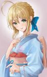  1girl \||/ absurdres ahoge artoria_pendragon_(fate) blonde_hair blue_kimono braid commentary_request eyebrows_visible_through_hair fate/grand_order fate/stay_night fate_(series) floral_print gradient gradient_background green_eyes hair_between_eyes hair_ornament highres huziko32 japanese_clothes kimono long_sleeves looking_at_viewer open_mouth parted_lips saber shiny shiny_hair simple_background solo wide_sleeves 