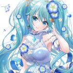  1girl aqua_hair blue_eyes breasts closed_mouth commentary earrings flower gloves hair_flower hair_ornament half_gloves hand_on_own_face hand_up hatsune_miku highres jewelry looking_at_viewer medium_breasts necocafe_lili simple_background smile solo twintails upper_body vocaloid white_background white_gloves 