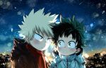  2boys backlighting bakugou_katsuki blonde_hair boku_no_hero_academia coat freckles green_hair hood hood_down hooded_coat lens_flare light looking_at_another male_focus midoriya_izuku mkm_(mkm_storage) multiple_boys night night_sky raised_eyebrows red_eyes red_scarf scarf shooting_star signature sky spiky_hair star_(sky) starry_sky white_coat younger 