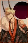  1boy abs bakugou_katsuki blonde_hair boku_no_hero_academia border collarbone earrings eyebrows_visible_through_hair glowing glowing_eyes highres horns japanese_clothes japanese_flag jewelry male_focus mkm_(mkm_storage) pectorals pointy_ears red_border red_eyes signature solo sparkle spiky_hair toned toned_male 