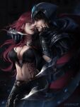  5742fruit absurdres breasts green_eyes highres katarina_(league_of_legends) league_of_legends lips navel necktie provocation redhead talon_(league_of_legends) tattoo yellow_eyes 