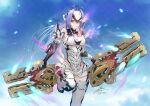  1girl android armor bare_shoulders blue_hair breasts elbow_gloves expressionless fadingz forehead_protector gloves kos-mos kos-mos_re: large_breasts leotard long_hair looking_at_viewer red_eyes solo thigh-highs very_long_hair weapon white_leotard xenoblade_chronicles_(series) xenoblade_chronicles_2 xenosaga 
