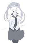  1girl arms_behind_back grey_eyes grey_hair greyscale hair_ornament highres long_hair monochrome monogatari_(series) naoetsu_high_school_uniform necktie oikura_sodachi okkrslk owarimonogatari pantyhose school_uniform skirt solo twintails 