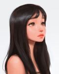  1girl bare_shoulders black_hair brown_eyes closed_mouth highres lips long_hair looking_afar sam_yang simple_background solo white_background 