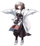  1girl absurdres arknights bangs brown_hair coat commentary eyebrows_visible_through_hair full_body genieko goggles goggles_on_head grey_eyes highres long_sleeves looking_at_viewer open_clothes open_coat revision roberta_(arknights) shoes short_hair simple_background smile solo standing t-pose white_background white_coat white_footwear 