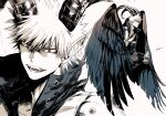  1boy bakugou_katsuki boku_no_hero_academia collar feathered_wings gloves horns knee_pads male_focus mkm_(mkm_storage) monochrome multiple_views open_mouth pointy_ears red_eyes signature simple_background spiky_hair spot_color teeth white_background wings 
