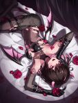  1girl bare_shoulders black_gloves black_hair black_legwear bow breasts covered_navel demon_girl elbow_gloves eyebrows_visible_through_hair fine_fabric_emphasis flower garter_straps gem gloves highres kira(mgzr8744) long_hair mini_wings multicolored_hair original pink_bow pink_eyes pink_hair pink_horns red_flower red_rose rose see-through sidelocks small_breasts smile solo thigh-highs two-tone_hair wings 