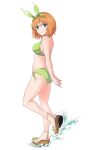  1girl arms_behind_back bangs bare_arms bare_legs bikini blue_eyes bow bow_hairband closed_mouth eyebrows_visible_through_hair from_side full_body go-toubun_no_hanayome green_bikini green_bow green_hairband hair_between_eyes hair_bow hairband halterneck looking_at_viewer medium_hair miyazakit nakano_yotsuba orange_hair print_bikini shiny shiny_hair side-tie_bikini simple_background smile solo standing swimsuit white_background 