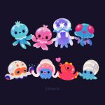 :&gt; :&lt; animal animal_focus artist_name black_eyes blue_background blue_eyes clobbopus closed_mouth commentary frillish frillish_(female) frillish_(male) frown heart holding_hands inkay looking_at_another looking_at_viewer nihilego no_humans octillery omanyte pikaole pokemon red_eyes simple_background smile solid_circle_eyes tentacles tentacruel ultra_beast watermark 