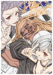  1girl 2boys anniversary beelzebub_(granblue_fantasy) black_nails blonde_hair can cellphone chest_tattoo collar dark-skinned_male dark_skin djeeta_(granblue_fantasy) drawing_on_another&#039;s_face ear_piercing energy_drink facial_tattoo fingernails forbidden_alter_ego_(granblue_fantasy) gran_(granblue_fantasy) granblue_fantasy grey_hair grey_jacket grin hair_ornament jacket long_hair looking_at_viewer mika_(gbf) multiple_boys notebook open_mouth phone piercing red_bull red_eyes sharp_fingernails short_hair sleeping smartphone smile sweat tatami tattoo teeth tongue tongue_out translation_request v v_over_eye 